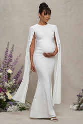White Maternity Maxi Dress With Cape Sleeves